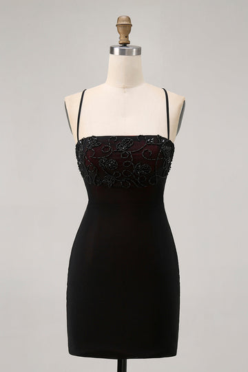 Black Bodycon Spaghetti Straps Cocktail Dress with Beading